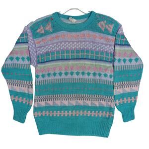 Vintage Andina Pullover Sweater Size Large Green Aqua 100% Cotton Dry Clean Only